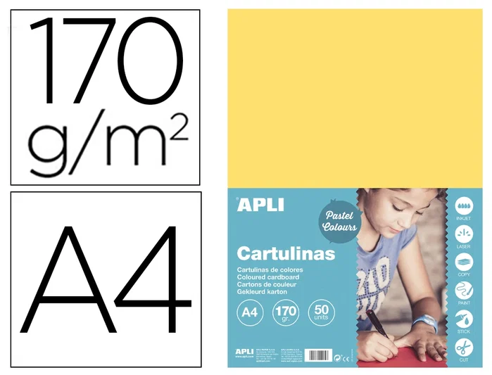 Apli Cartulina DIN A4 Amarillo claro 170g/m2, 50 hojas Apli Cartulina DIN A4 Amarillo claro 170g/m2, 50 hojas