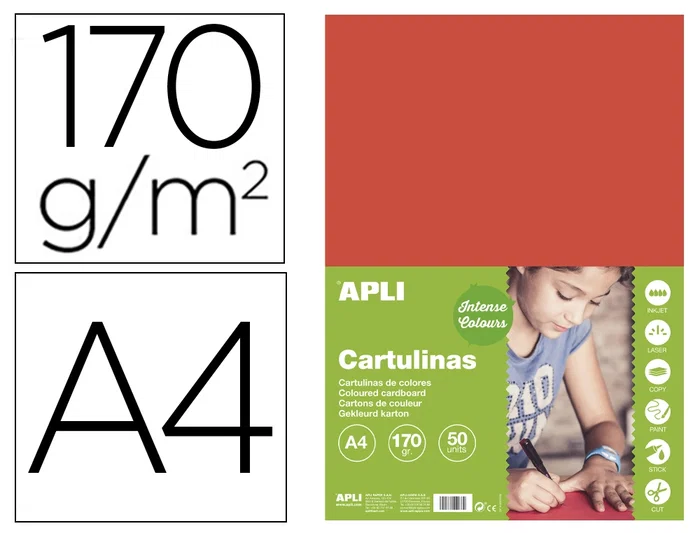 Apli Cartulina A4 170g/m2 Rojo, Paquete de 50 Hojas para Manualidades y Proyectos Escolares Apli Cartulina A4 170g/m2 Rojo, Paquete de 50 Hojas para Manualidades y Proyectos Escolares