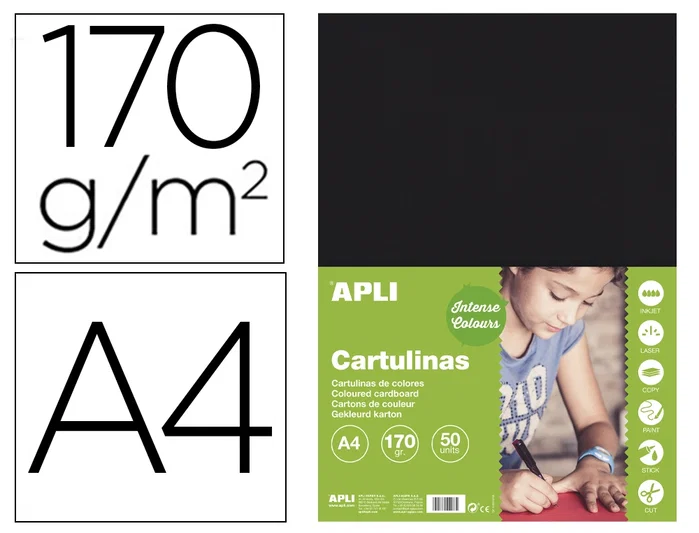 Apli Cartulina Negra A4 170 g/m² de 50 Hojas Apli Cartulina Negra A4 170 g/m² de 50 Hojas