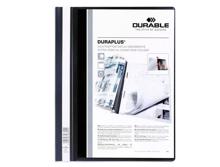 Durable Carpeta Duraplus® A4+ Extra Ancho con Fastener Metálico, Cubierta Transparente y Trasera Opaca, Negro, Ref. Fastener, 120-180 micras