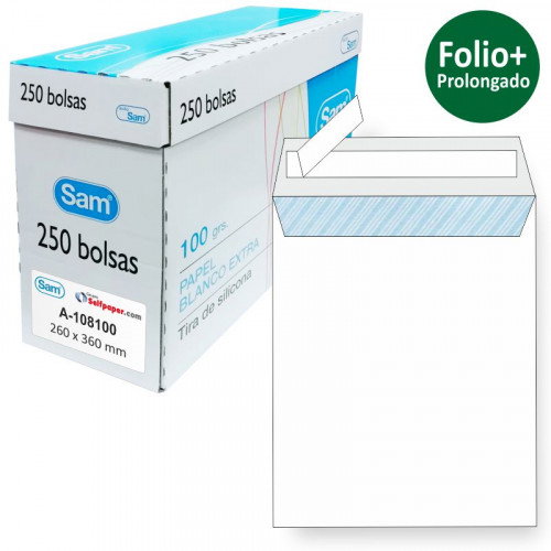 Sam Bolsas Folio Prolongado 260x360mm Blanco 100g con Tira de Silicona
