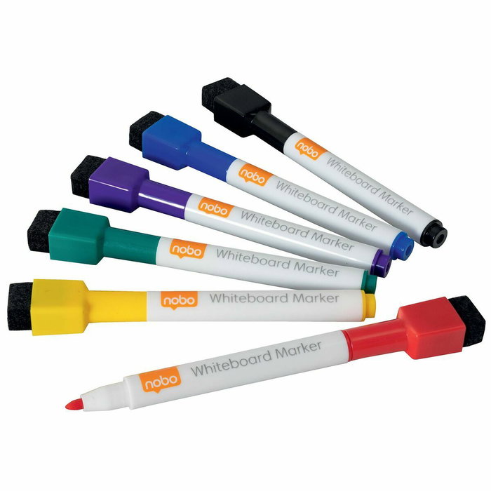 Nobo Rotuladores Mini para Pizarra Blanca con Borrador y Tapa Magnética, 6 Colores Surtidos Nobo Rotuladores Mini para Pizarra Blanca con Borrador y Tapa Magnética, 6 Colores Surtidos