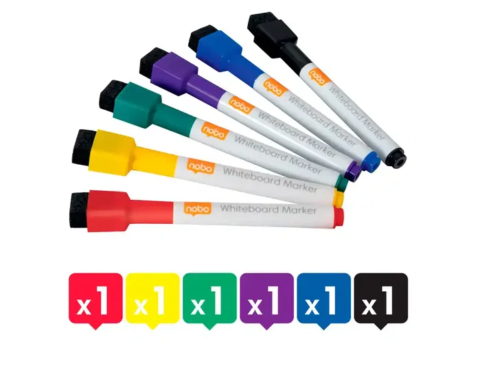 Nobo Rotuladores Mini para Pizarra Blanca con Borrador y Tapa Magnética, 6 Colores Surtidos Nobo Rotuladores Mini para Pizarra Blanca con Borrador y Tapa Magnética, 6 Colores Surtidos