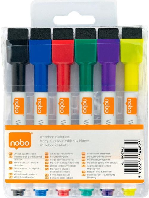 NOBO Rotuladores Mini para Pizarra Blanca con Borrador y Tapas Magnéticas, 6 Colores Surtidos