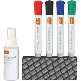 NOBO Kit para Pizarra Blanca con 4 Rotuladores Surtidos, Borrador y Spray