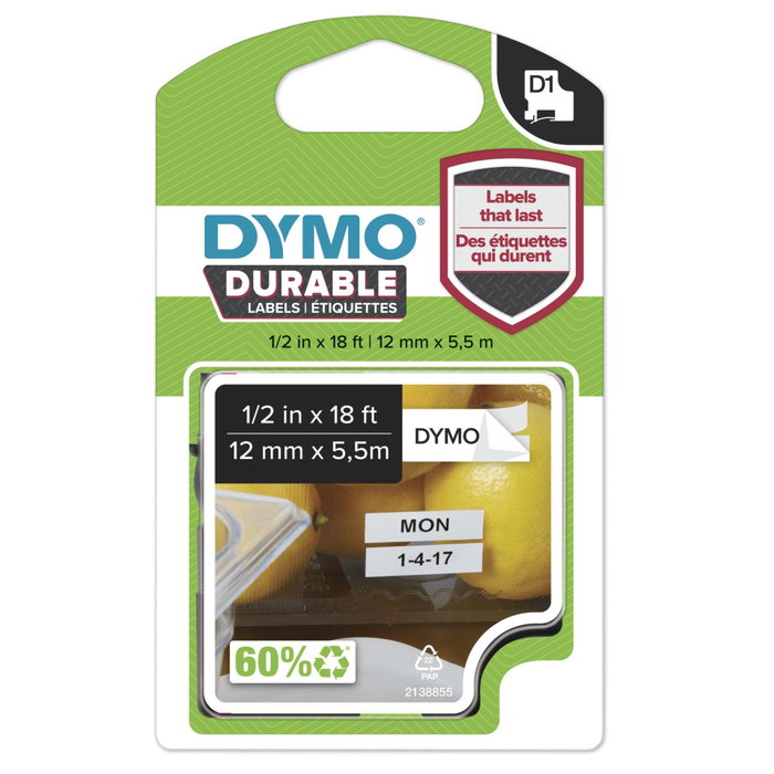 DYMO Cinta D1 Durable 12mm x 5,5m Negro sobre Blanco