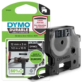 Dymo D1 Cinta Vinyl Duradera 12mm x 3m Blanco sobre Negro para LabelManager 160, 210D, 280, 360D, 420P