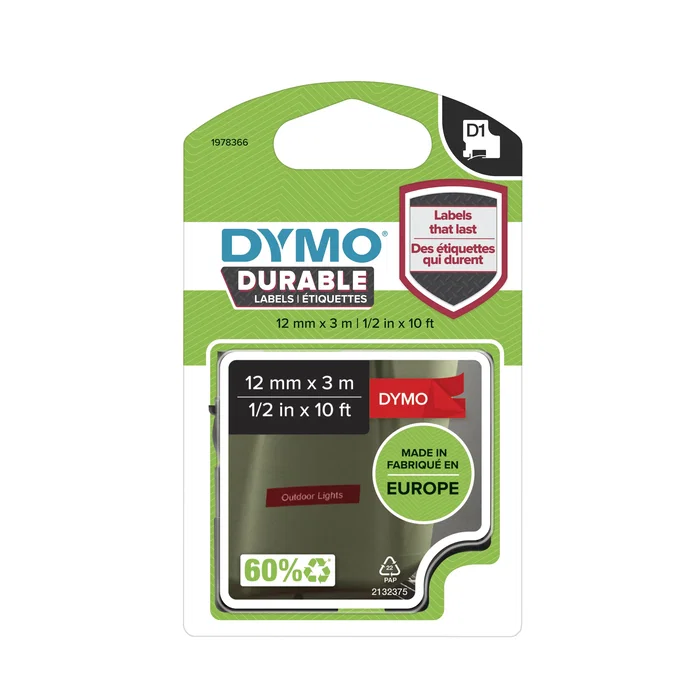 DYMO D1 - Cinta de Vinilo Durable para Etiquetas - Blanco sobre Rojo - 12mm x 3m - Compatible con LabelManager 160, 210D, 280, 360D, 420P, Plug N Play