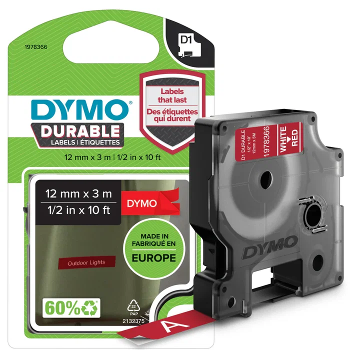 DYMO D1 - Cinta de Vinilo Durable para Etiquetas - Blanco sobre Rojo - 12mm x 3m - Compatible con LabelManager 160, 210D, 280, 360D, 420P, Plug N Play