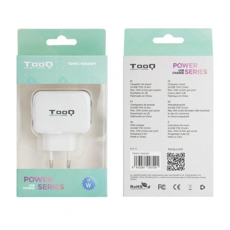 Tooq TQWC-1S02WT Cargador de Pared 2 Puertos USB 17W Blanco