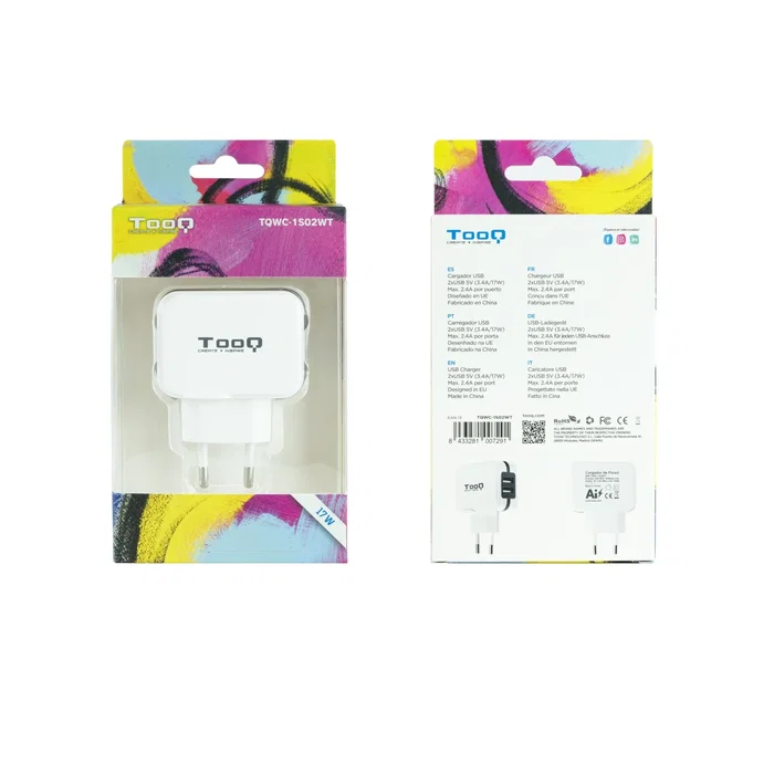 TooQ Cargador de Pared USB con Tecnología IA, 2 Puertos, 5V 3.4A (17W), Blanco - TQWC-1S02WT