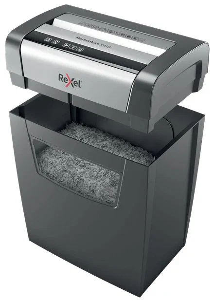Rexel Momentum X410 Destructora de Papel Corte Cruzado P-4 4x28 mm, 10 Hojas, Cesta 23L, Nivel de Ruido 62 dB, Color Negro y Gris