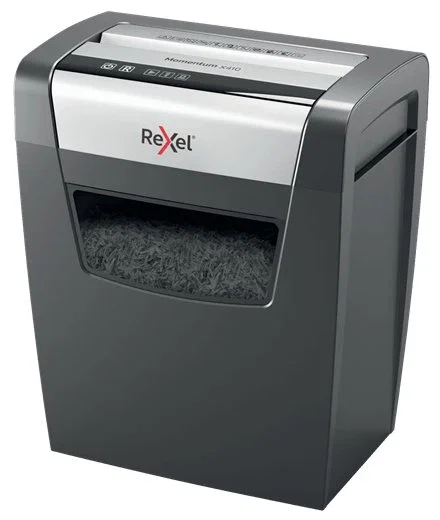 Rexel Momentum X410 Destructora de Papel Corte Cruzado P-4 4x28 mm, 10 Hojas, Cesta 23L, Nivel de Ruido 62 dB, Color Negro y Gris