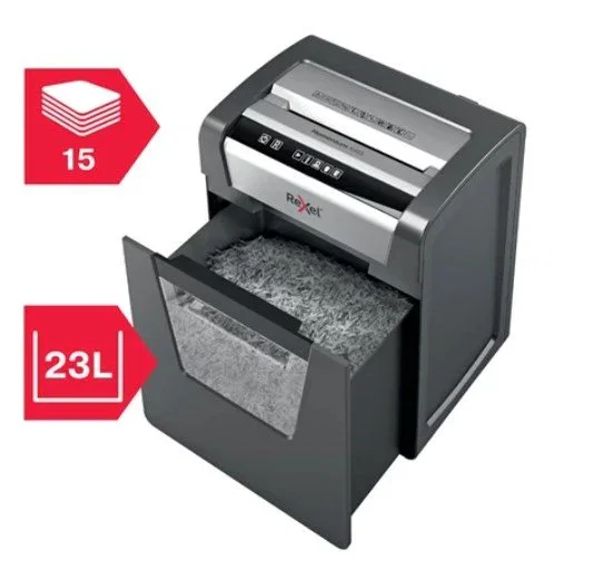 Rexel Momentum X415 - Trituradora de Papel de Corte Cruzado Nivel de Seguridad P-4 (4x40mm) para 15 Hojas, Silenciosa 58dB, Negro/Gris