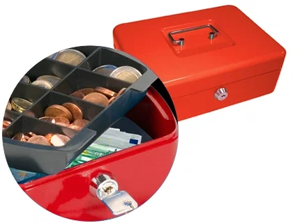 Q-connect Caja caudales 250x180x90 mm roja con portamonedas y clasificador de monedas