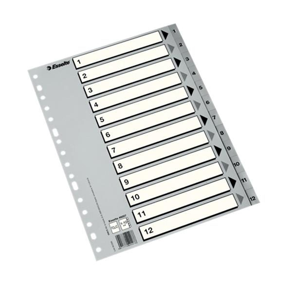 Esselte Pack de 50 índices numéricos 1-12, multitaladro, A4, gris Esselte Pack de 50 índices numéricos 1-12, multitaladro, A4, gris