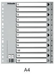 Esselte Pack de 50 índices numéricos 1-12, multitaladro, A4, gris