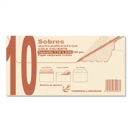 Sam 664926 Paquetes de 10 Sobres Verjurado 110x220mm Crema 120gr