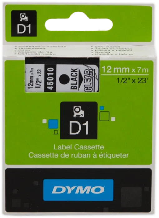 Dymo Cinta D1 Negro sobre Transparente 12mm x 7m