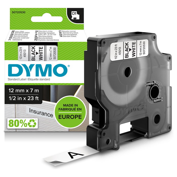 Dymo Cinta D1 Negro sobre blanco 12mm x 7m