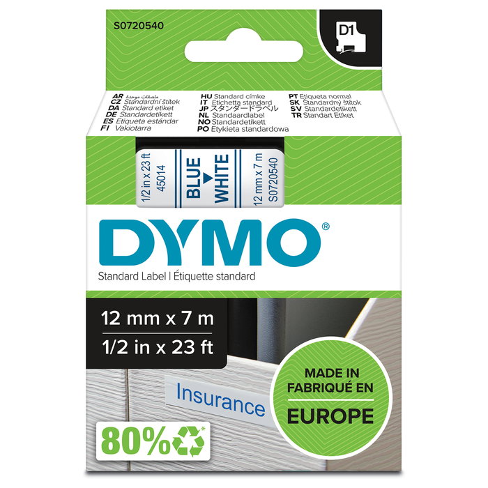 Dymo Cinta D1 12 mm x 7 m Azul sobre Blanco