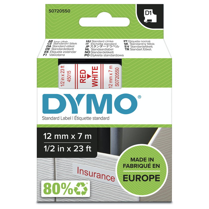 Dymo Cinta D1 Rojo sobre Blanco 12mm x 7m Dymo Cinta D1 Rojo sobre Blanco 12mm x 7m