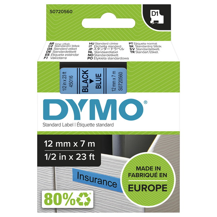 Dymo Cinta D1 12mm x 7m Negro sobre Azul