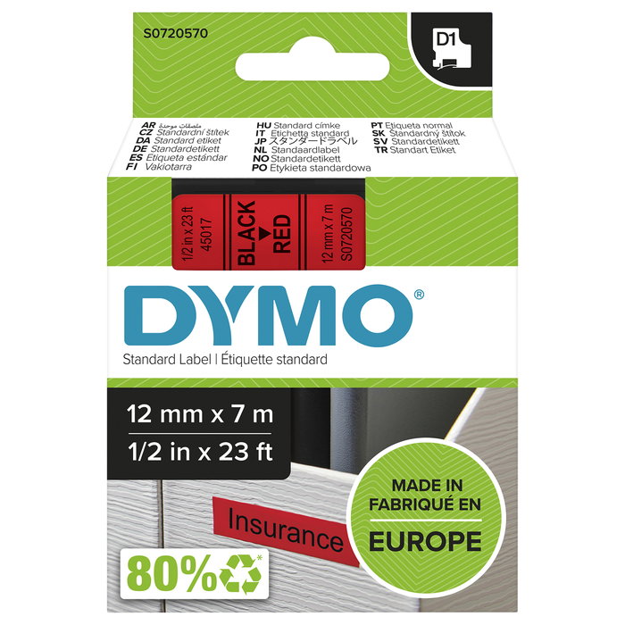 Dymo D1 Cinta de Etiquetas 12 mm x 7 m Negro sobre Rojo