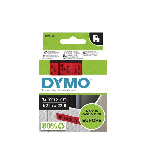 Dymo D1 Cinta de Etiquetas 12 mm x 7 m Negro sobre Rojo