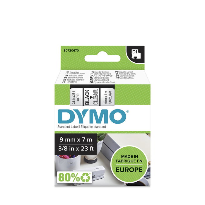 Dymo D1 Cinta de Etiquetas 9mm x 7m Negro sobre Transparente Dymo D1 Cinta de Etiquetas 9mm x 7m Negro sobre Transparente
