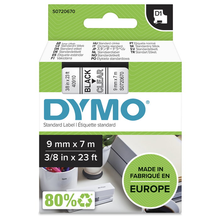 Dymo D1 Cinta de Etiquetas 9mm x 7m Negro sobre Transparente Dymo D1 Cinta de Etiquetas 9mm x 7m Negro sobre Transparente