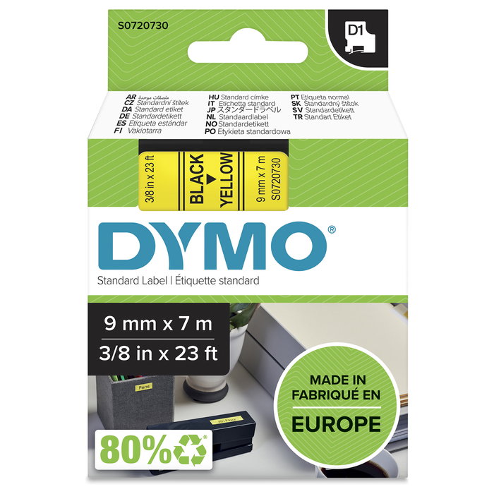 Dymo D1 Cinta de Etiquetas de 9 mm x 7 m Negro sobre Amarillo Dymo D1 Cinta de Etiquetas de 9 mm x 7 m Negro sobre Amarillo