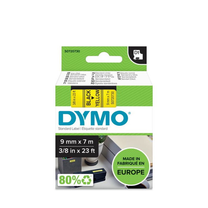 Dymo D1 Cinta de Etiquetas de 9 mm x 7 m Negro sobre Amarillo Dymo D1 Cinta de Etiquetas de 9 mm x 7 m Negro sobre Amarillo