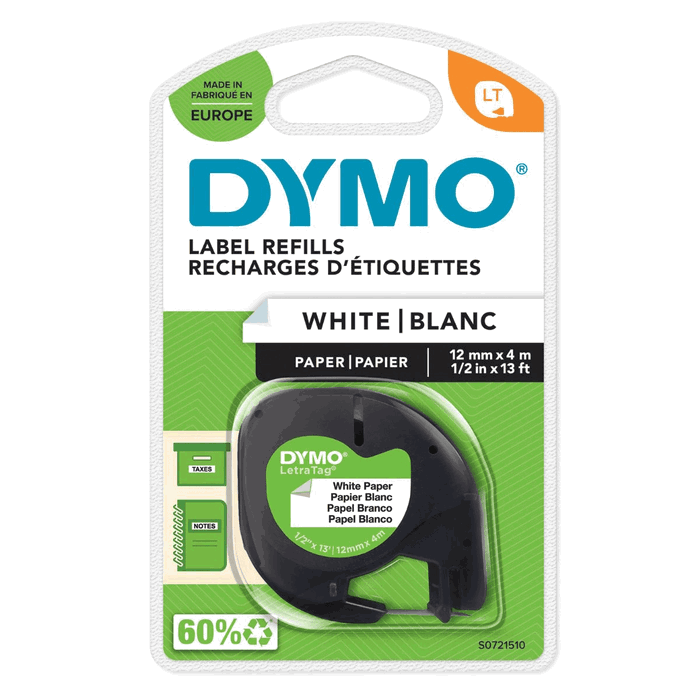 Dymo Cinta LetraTag 91200 Negro sobre Blanco 12mm x 4m de Papel Dymo Cinta LetraTag 91200 Negro sobre Blanco 12mm x 4m de Papel