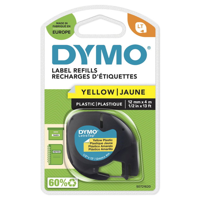 Dymo Cinta LetraTag 91202 Negro sobre Amarillo 12mm x 4m