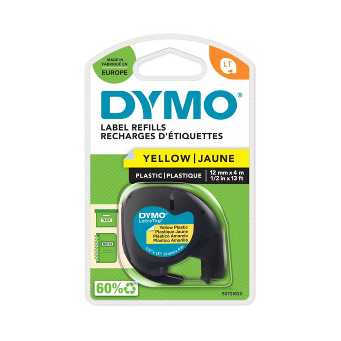Dymo Cinta LetraTag 91202 Negro sobre Amarillo 12mm x 4m