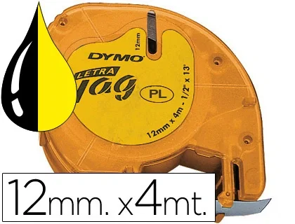 Dymo Cinta LetraTag 91202 Negro sobre Amarillo 12mm x 4m