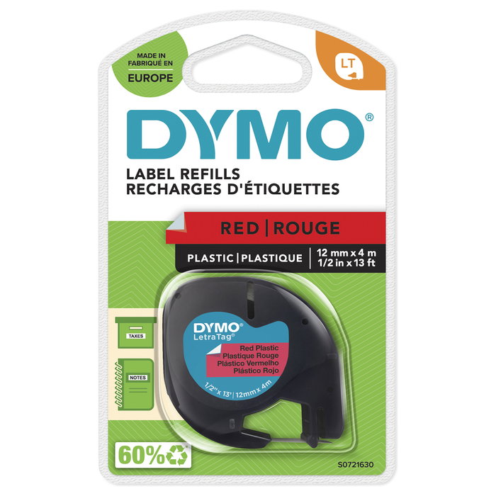 Dymo LetraTag Cinta de Rotulación 12mm x 4m Negro sobre Rojo