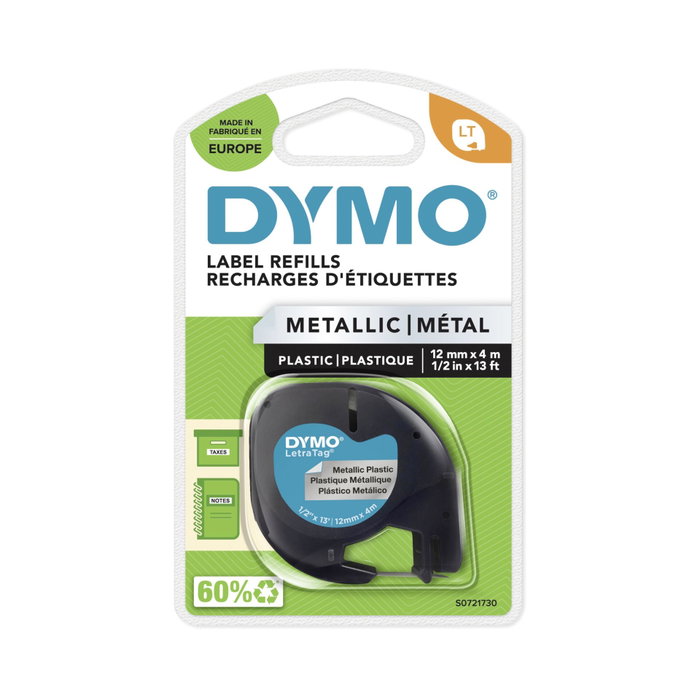 Dymo Cinta LetraTag Metalizada 12mm x 4m Negro sobre Plata Dymo Cinta LetraTag Metalizada 12mm x 4m Negro sobre Plata