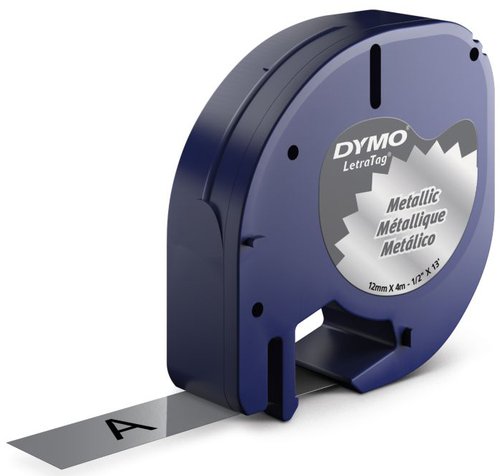 Dymo Cinta LetraTag 12mm x 4m Negro sobre Plata Metalizada 91208