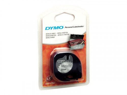 Dymo Cinta LetraTag 12mm x 4m Negro sobre Plata Metalizada 91208