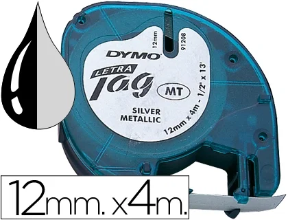 Dymo Cinta LetraTag 12mm x 4m Negro sobre Plata Metalizada 91208