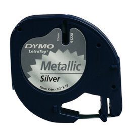 Dymo Cinta LetraTag Metalizada 12mm x 4m Negro sobre Plata