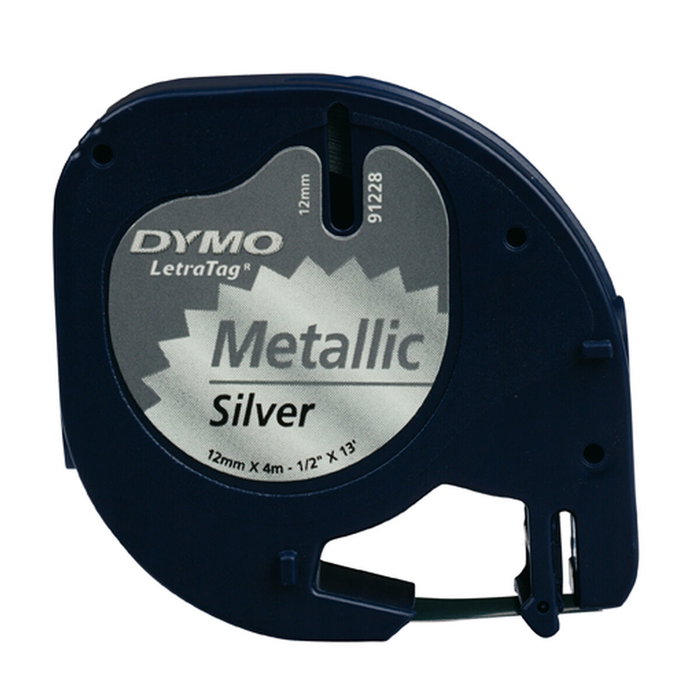 Dymo Cinta LetraTag 12mm x 4m Negro sobre Plata Metalizada 91208