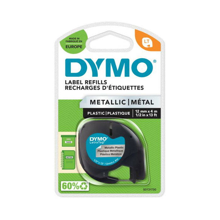 Dymo Cinta LetraTag 12mm x 4m Negro sobre Plata Metalizada 91208