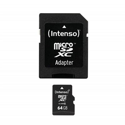Intenso 3413490 Tarjeta de Memoria Micro SD 64GB Clase 10 con Adaptador - Velocidad Lectura 20MB/s, Escritura 12MB/s