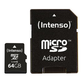 Intenso 3413490 Tarjeta de Memoria Micro SD 64GB Clase 10 con Adaptador - Velocidad Lectura 20MB/s, Escritura 12MB/s