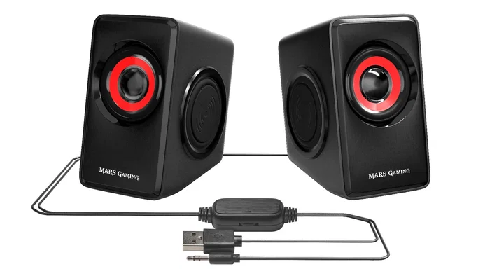 Mars Gaming Altavoces MS1 Gaming 10W 2.0 Sistema 6 Drivers (2 Activos + 4 Pasivos) Color Rojo y Negro Conexión USB y Auxiliar 3.5 mm para PC