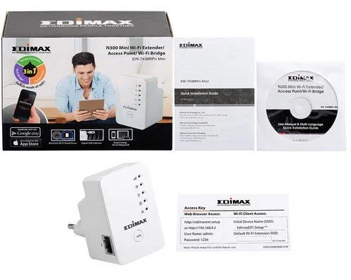 Edimax EW-7438RPN Mini Extensor Wi-Fi N300 300 Mbps Universal con Enchufe de Pared, Blanco, Modo 3 en 1, App EdiRange, WPS, 802.11n/b/g