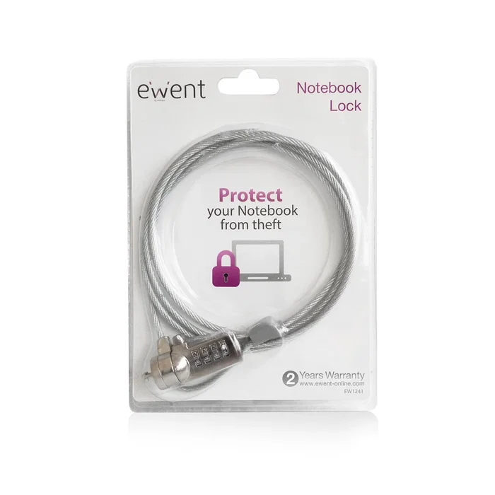 Ewent EW1241 Candado de Seguridad para Portátil con Combinación, Cable de Acero de 1.5 Metros para Anclar a Escritorio y Proteger contra Robos